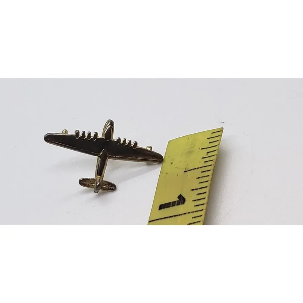 Vintage Jet Airplane Figural Yellow Gold Plated Tie Tac Lapel Scatter Pin Pilot